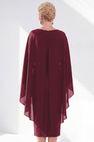 Load image into Gallery viewer, Dark Purple Bodycon Chiffon Round Neck Midi Mother of the Bride Dress with Cape