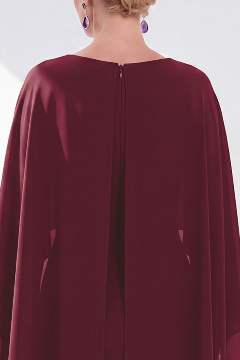 Load image into Gallery viewer, Dark Purple Bodycon Chiffon Round Neck Midi Mother of the Bride Dress with Cape