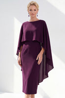 Load image into Gallery viewer, Dark Purple Bodycon Chiffon Round Neck Midi Mother of the Bride Dress with Cape