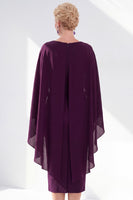 Load image into Gallery viewer, Dark Purple Bodycon Chiffon Round Neck Midi Mother of the Bride Dress with Cape