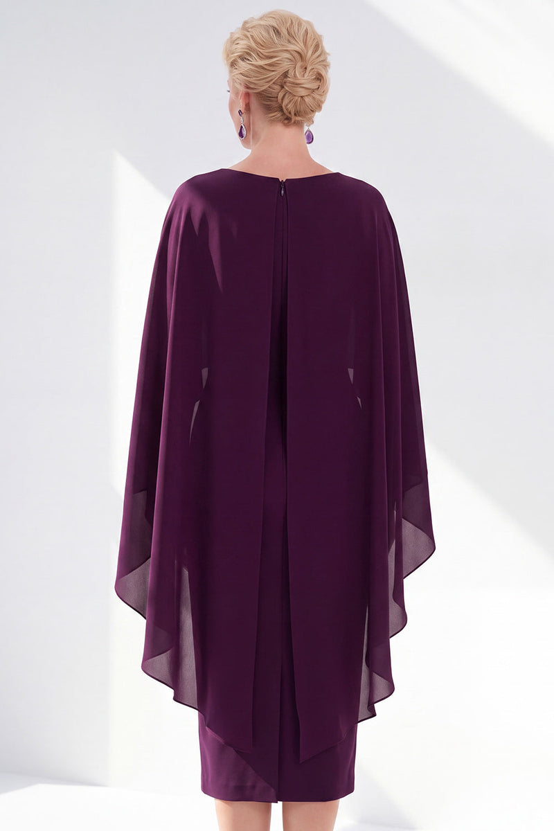Load image into Gallery viewer, Dark Purple Bodycon Chiffon Round Neck Midi Mother of the Bride Dress with Cape