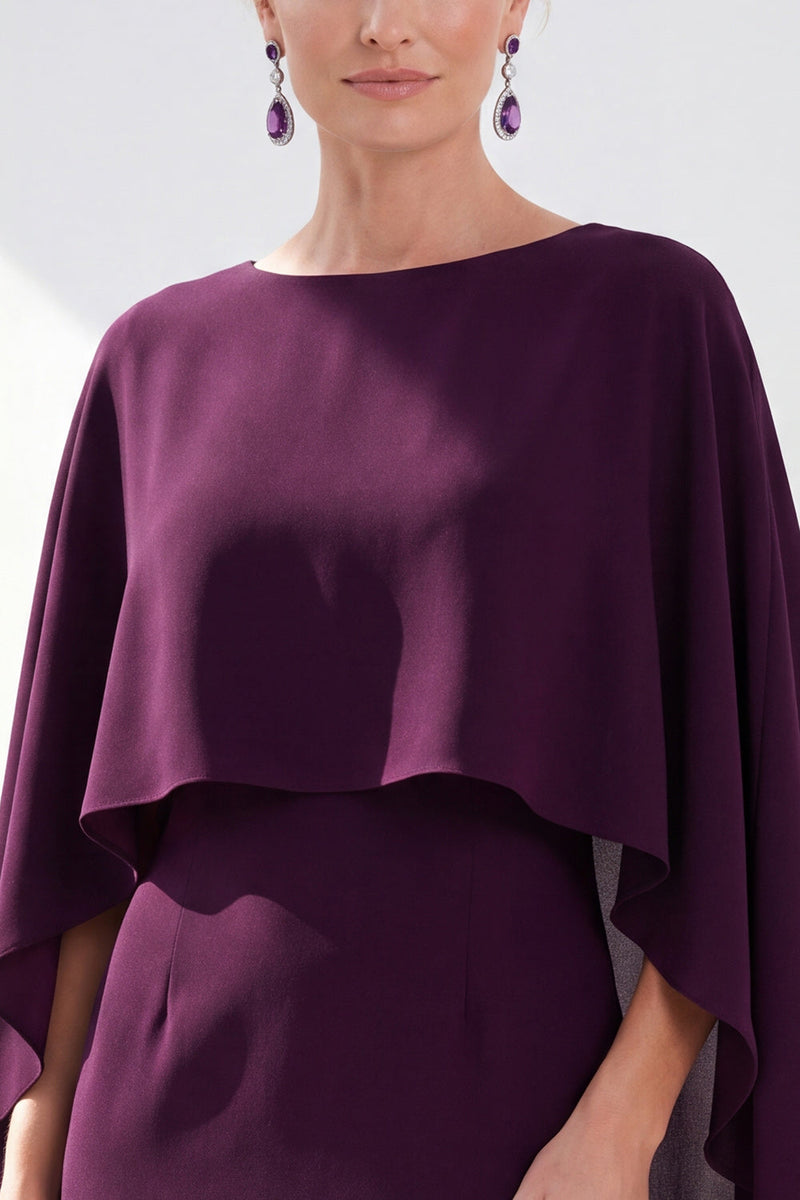 Load image into Gallery viewer, Dark Purple Bodycon Chiffon Round Neck Midi Mother of the Bride Dress with Cape