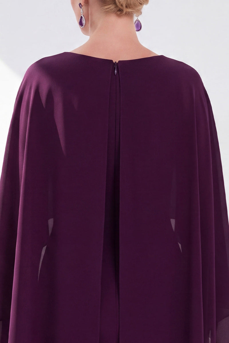 Load image into Gallery viewer, Dark Purple Bodycon Chiffon Round Neck Midi Mother of the Bride Dress with Cape