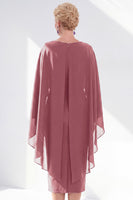 Load image into Gallery viewer, Dark Purple Bodycon Chiffon Round Neck Midi Mother of the Bride Dress with Cape