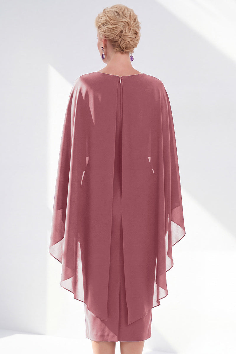 Load image into Gallery viewer, Dark Purple Bodycon Chiffon Round Neck Midi Mother of the Bride Dress with Cape