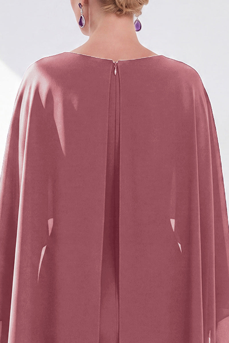 Load image into Gallery viewer, Dark Purple Bodycon Chiffon Round Neck Midi Mother of the Bride Dress with Cape