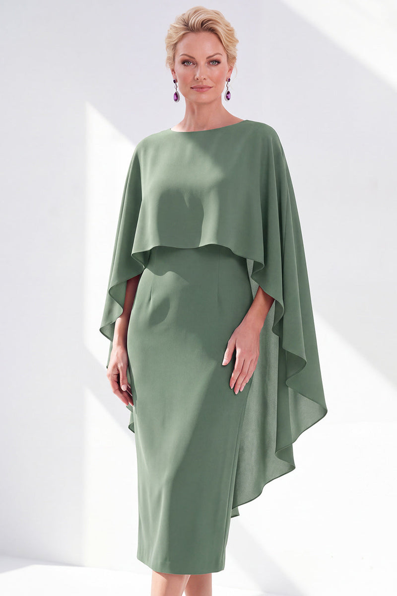 Load image into Gallery viewer, Dark Purple Bodycon Chiffon Round Neck Midi Mother of the Bride Dress with Cape