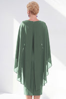 Load image into Gallery viewer, Dark Purple Bodycon Chiffon Round Neck Midi Mother of the Bride Dress with Cape