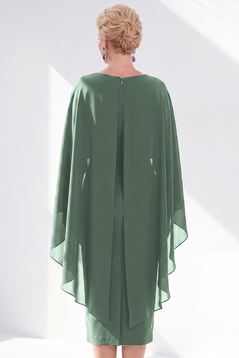 Load image into Gallery viewer, Dark Purple Bodycon Chiffon Round Neck Midi Mother of the Bride Dress with Cape