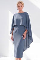 Load image into Gallery viewer, Dark Purple Bodycon Chiffon Round Neck Midi Mother of the Bride Dress with Cape