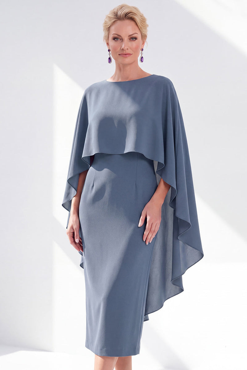 Load image into Gallery viewer, Dark Purple Bodycon Chiffon Round Neck Midi Mother of the Bride Dress with Cape
