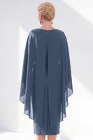 Load image into Gallery viewer, Dark Purple Bodycon Chiffon Round Neck Midi Mother of the Bride Dress with Cape