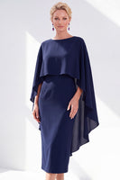 Load image into Gallery viewer, Dark Purple Bodycon Chiffon Round Neck Midi Mother of the Bride Dress with Cape