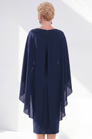 Load image into Gallery viewer, Dark Purple Bodycon Chiffon Round Neck Midi Mother of the Bride Dress with Cape