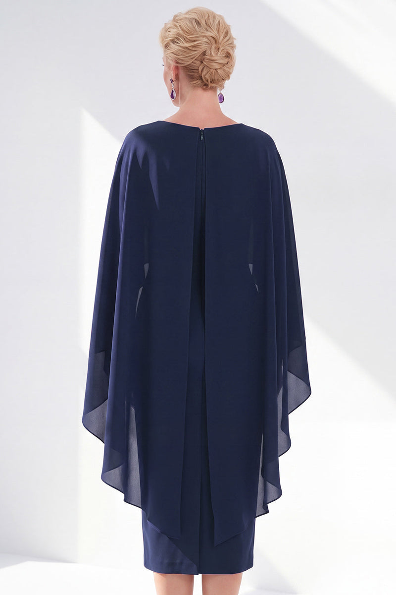Load image into Gallery viewer, Dark Purple Bodycon Chiffon Round Neck Midi Mother of the Bride Dress with Cape