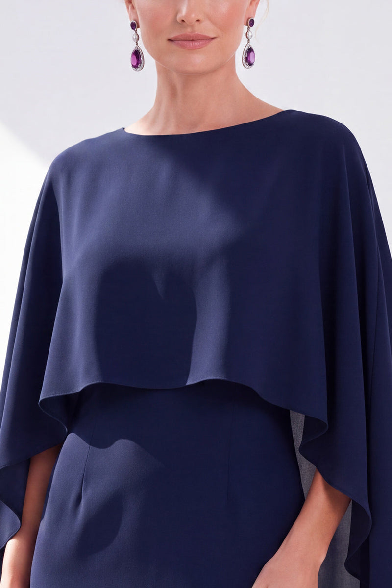 Load image into Gallery viewer, Dark Purple Bodycon Chiffon Round Neck Midi Mother of the Bride Dress with Cape