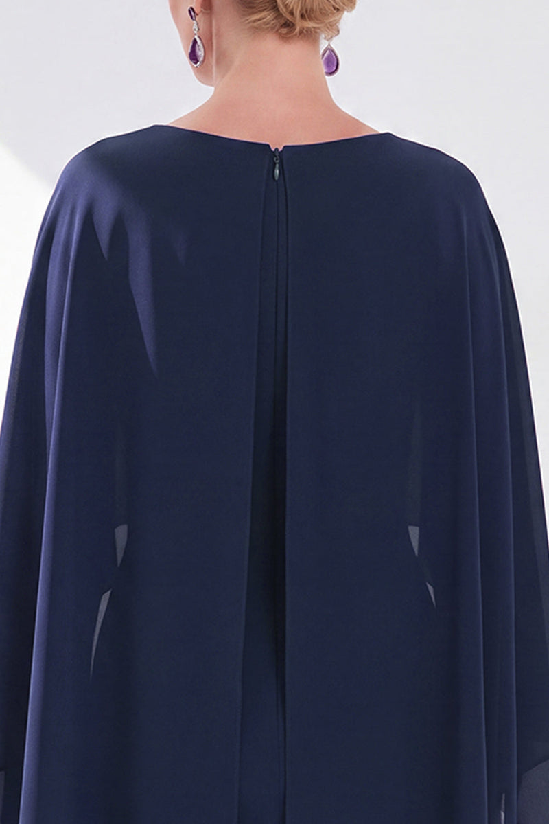 Load image into Gallery viewer, Dark Purple Bodycon Chiffon Round Neck Midi Mother of the Bride Dress with Cape