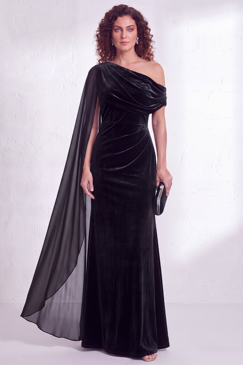 Load image into Gallery viewer, Burgundy Ruched One Shoulder Mermaid Long Velvet Mother of the Bride Dress with Side Cape