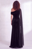 Load image into Gallery viewer, Burgundy Ruched One Shoulder Mermaid Long Velvet Mother of the Bride Dress with Side Cape