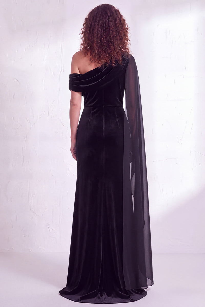 Load image into Gallery viewer, Burgundy Ruched One Shoulder Mermaid Long Velvet Mother of the Bride Dress with Side Cape