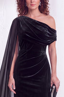 Load image into Gallery viewer, Burgundy Ruched One Shoulder Mermaid Long Velvet Mother of the Bride Dress with Side Cape