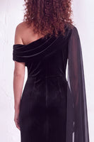Load image into Gallery viewer, Burgundy Ruched One Shoulder Mermaid Long Velvet Mother of the Bride Dress with Side Cape