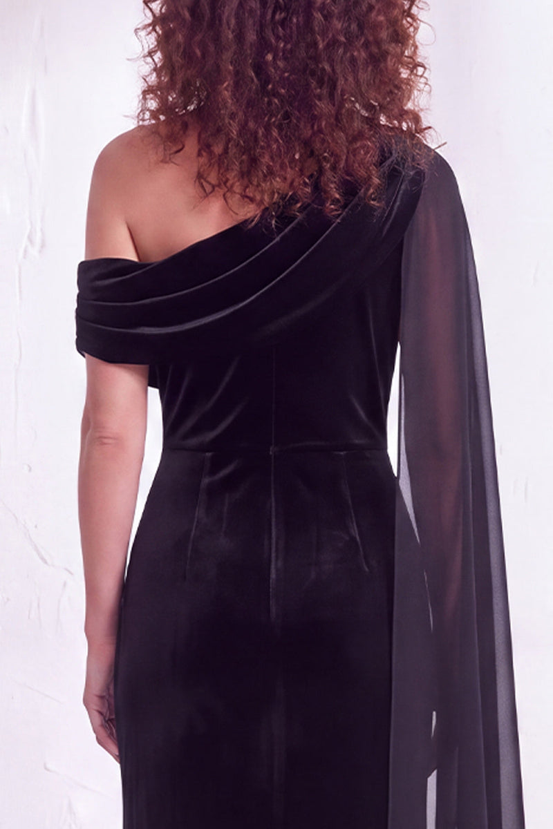 Load image into Gallery viewer, Burgundy Ruched One Shoulder Mermaid Long Velvet Mother of the Bride Dress with Side Cape