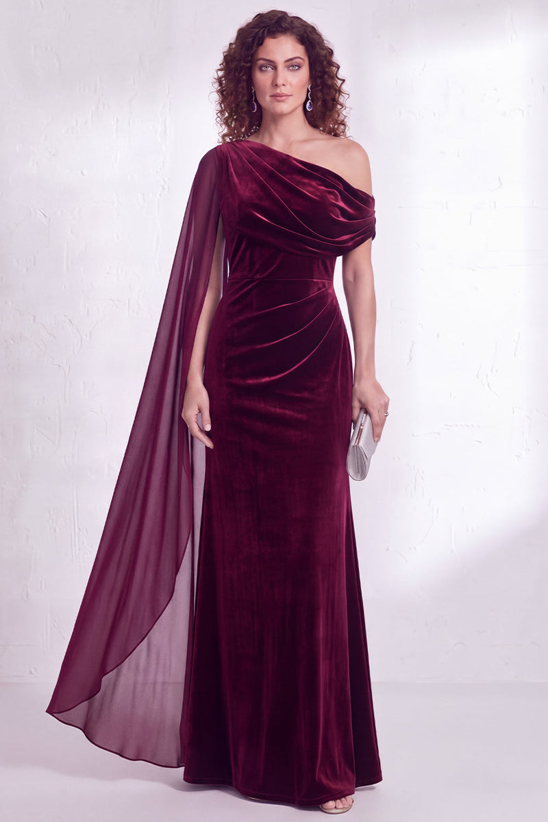 Load image into Gallery viewer, Burgundy Ruched One Shoulder Mermaid Long Velvet Mother of the Bride Dress with Side Cape