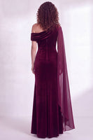 Load image into Gallery viewer, Burgundy Ruched One Shoulder Mermaid Long Velvet Mother of the Bride Dress with Side Cape