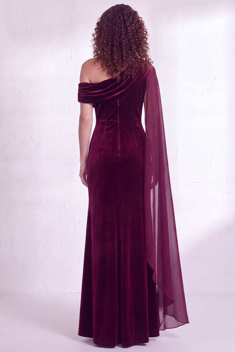 Load image into Gallery viewer, Burgundy Ruched One Shoulder Mermaid Long Velvet Mother of the Bride Dress with Side Cape