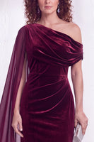 Load image into Gallery viewer, Burgundy Ruched One Shoulder Mermaid Long Velvet Mother of the Bride Dress with Side Cape