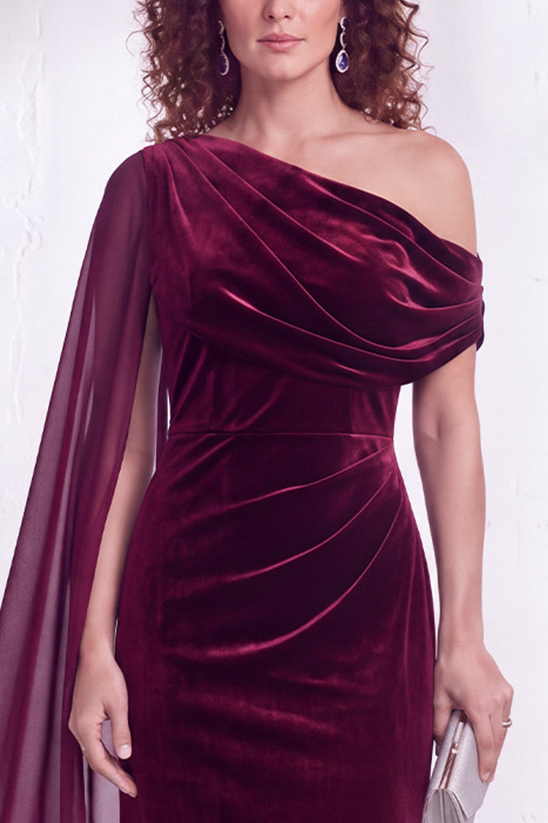 Load image into Gallery viewer, Burgundy Ruched One Shoulder Mermaid Long Velvet Mother of the Bride Dress with Side Cape