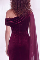 Load image into Gallery viewer, Burgundy Ruched One Shoulder Mermaid Long Velvet Mother of the Bride Dress with Side Cape