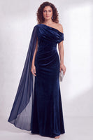 Load image into Gallery viewer, Burgundy Ruched One Shoulder Mermaid Long Velvet Mother of the Bride Dress with Side Cape
