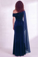 Load image into Gallery viewer, Burgundy Ruched One Shoulder Mermaid Long Velvet Mother of the Bride Dress with Side Cape