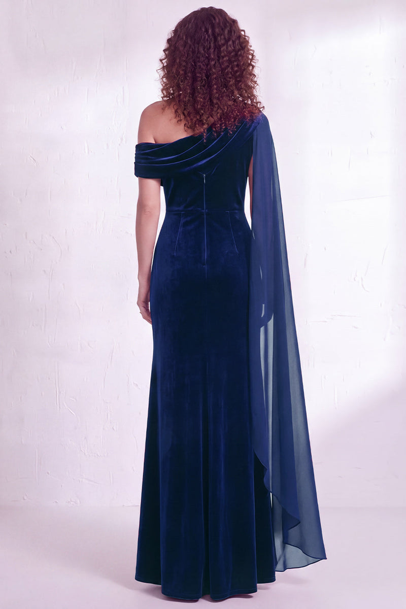 Load image into Gallery viewer, Burgundy Ruched One Shoulder Mermaid Long Velvet Mother of the Bride Dress with Side Cape