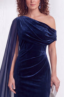 Load image into Gallery viewer, Burgundy Ruched One Shoulder Mermaid Long Velvet Mother of the Bride Dress with Side Cape