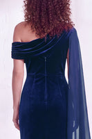 Load image into Gallery viewer, Burgundy Ruched One Shoulder Mermaid Long Velvet Mother of the Bride Dress with Side Cape
