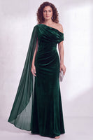 Load image into Gallery viewer, Burgundy Ruched One Shoulder Mermaid Long Velvet Mother of the Bride Dress with Side Cape