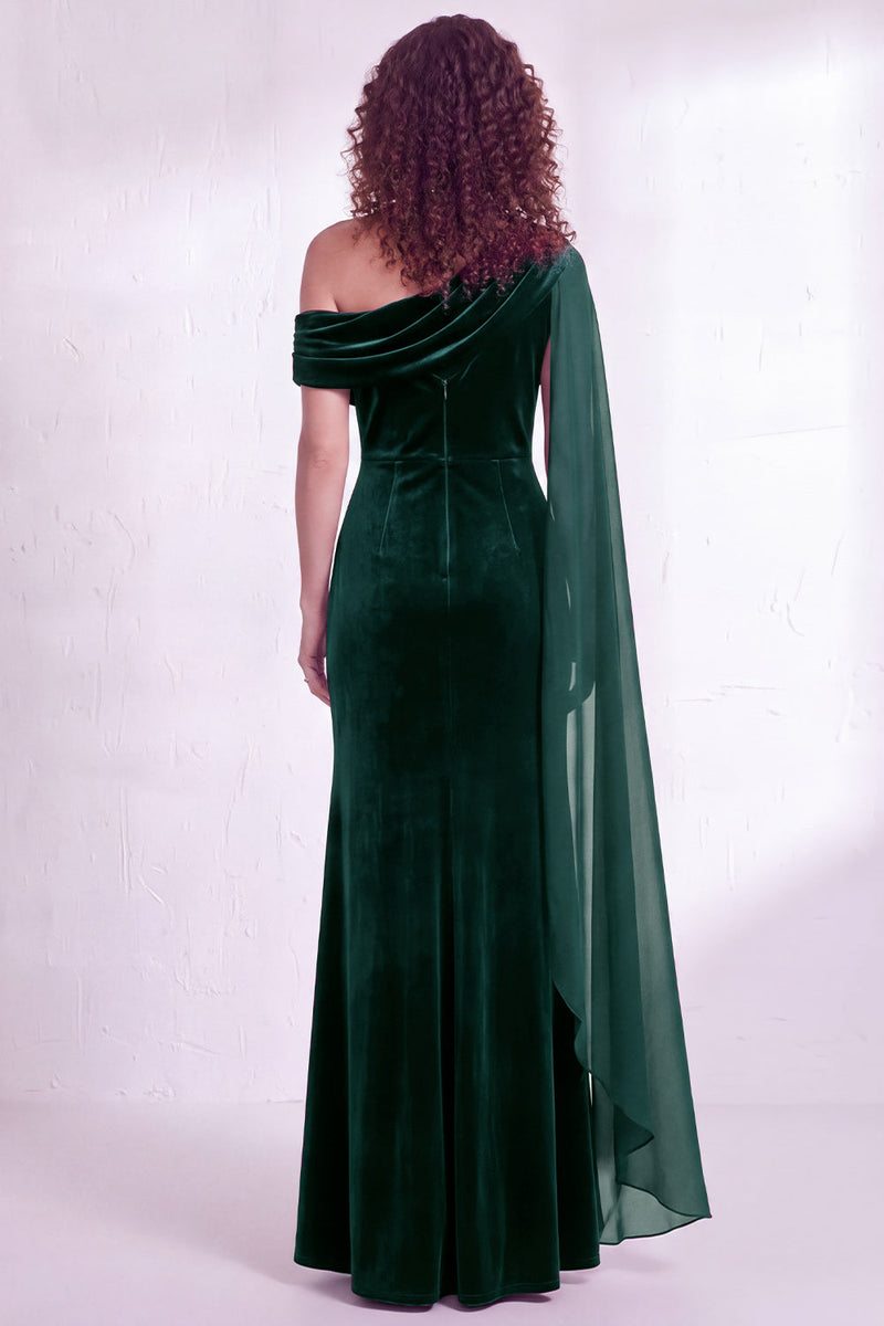 Load image into Gallery viewer, Burgundy Ruched One Shoulder Mermaid Long Velvet Mother of the Bride Dress with Side Cape