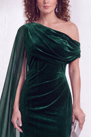 Load image into Gallery viewer, Burgundy Ruched One Shoulder Mermaid Long Velvet Mother of the Bride Dress with Side Cape