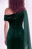 Load image into Gallery viewer, Burgundy Ruched One Shoulder Mermaid Long Velvet Mother of the Bride Dress with Side Cape