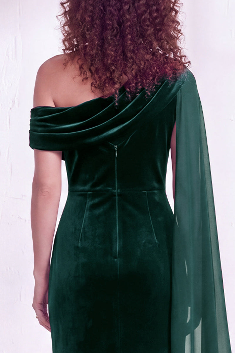 Load image into Gallery viewer, Burgundy Ruched One Shoulder Mermaid Long Velvet Mother of the Bride Dress with Side Cape