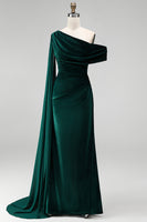 Load image into Gallery viewer, Burgundy Ruched One Shoulder Mermaid Long Velvet Mother of the Bride Dress with Side Cape