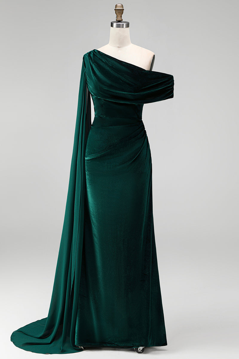 Load image into Gallery viewer, Burgundy Ruched One Shoulder Mermaid Long Velvet Mother of the Bride Dress with Side Cape