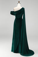 Load image into Gallery viewer, Burgundy Ruched One Shoulder Mermaid Long Velvet Mother of the Bride Dress with Side Cape