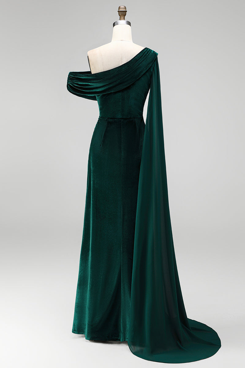 Load image into Gallery viewer, Burgundy Ruched One Shoulder Mermaid Long Velvet Mother of the Bride Dress with Side Cape
