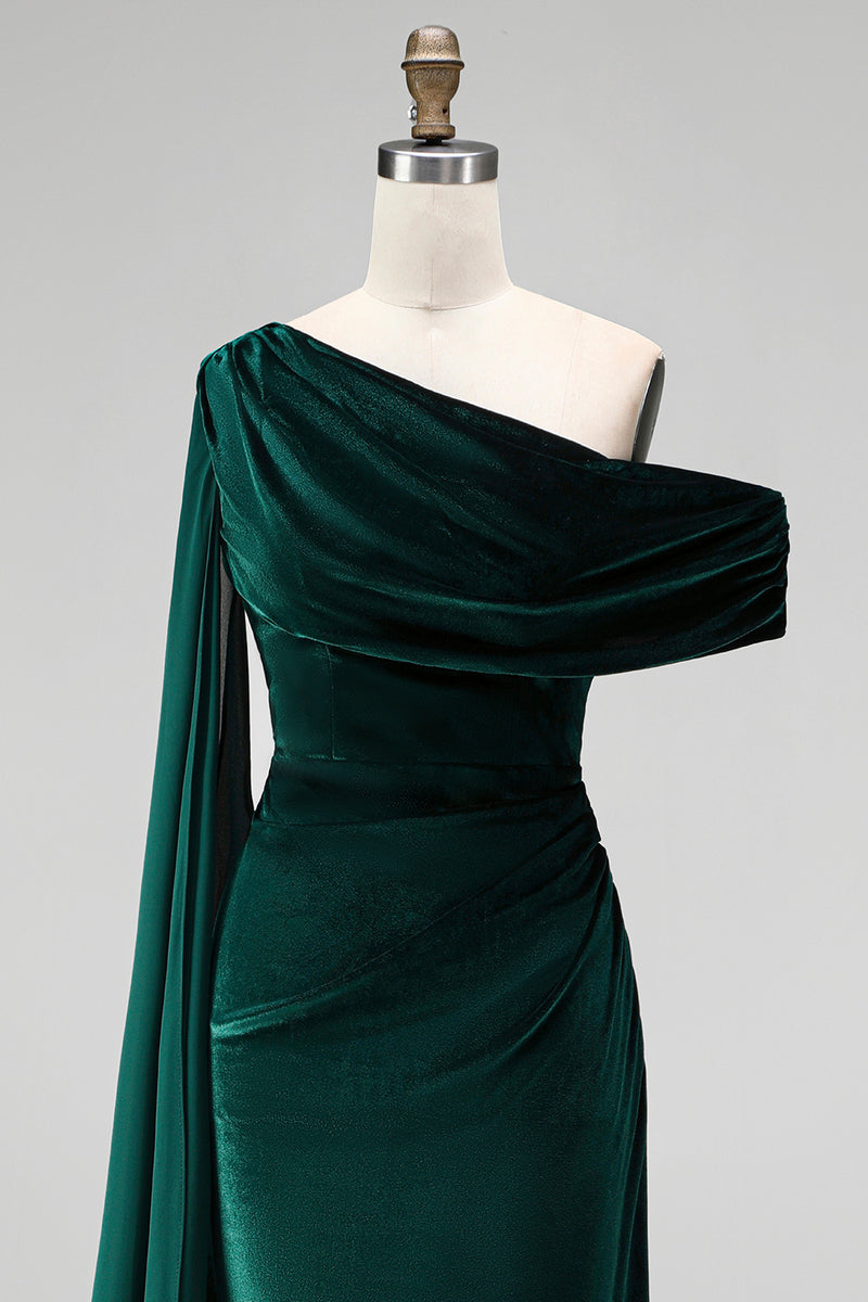 Load image into Gallery viewer, Burgundy Ruched One Shoulder Mermaid Long Velvet Mother of the Bride Dress with Side Cape
