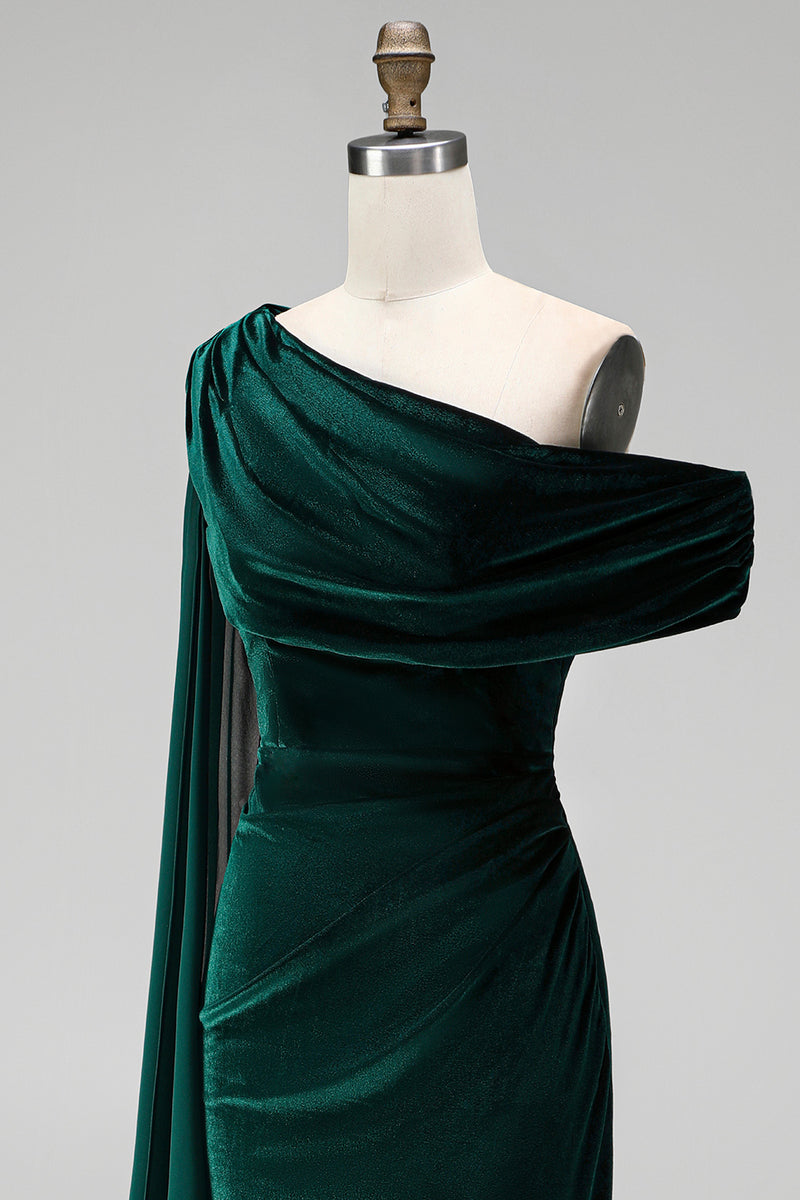 Load image into Gallery viewer, Burgundy Ruched One Shoulder Mermaid Long Velvet Mother of the Bride Dress with Side Cape