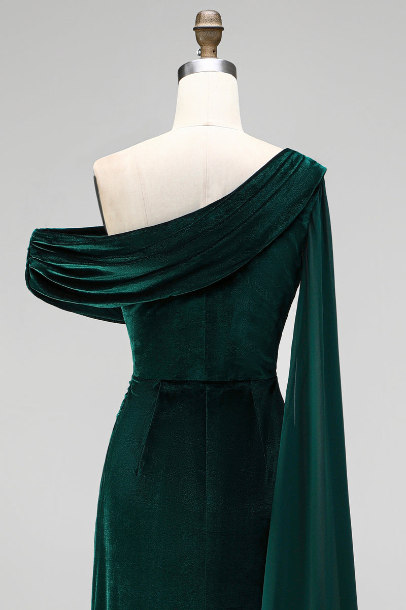 Load image into Gallery viewer, Burgundy Ruched One Shoulder Mermaid Long Velvet Mother of the Bride Dress with Side Cape